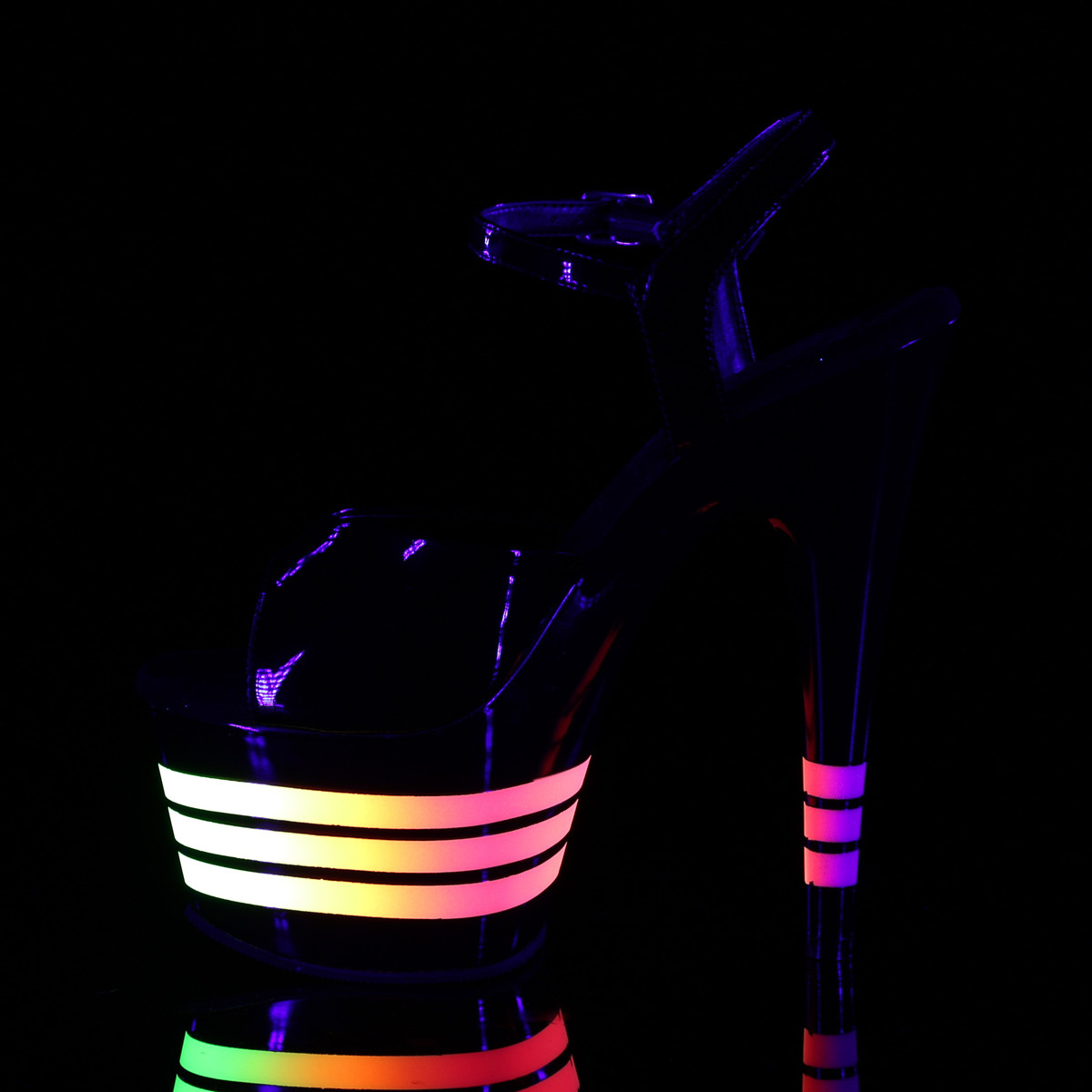 Pleaser Adore-709UVLN B/B-UVLN - Shiny Black Uv Reactive High-Platform Sandals