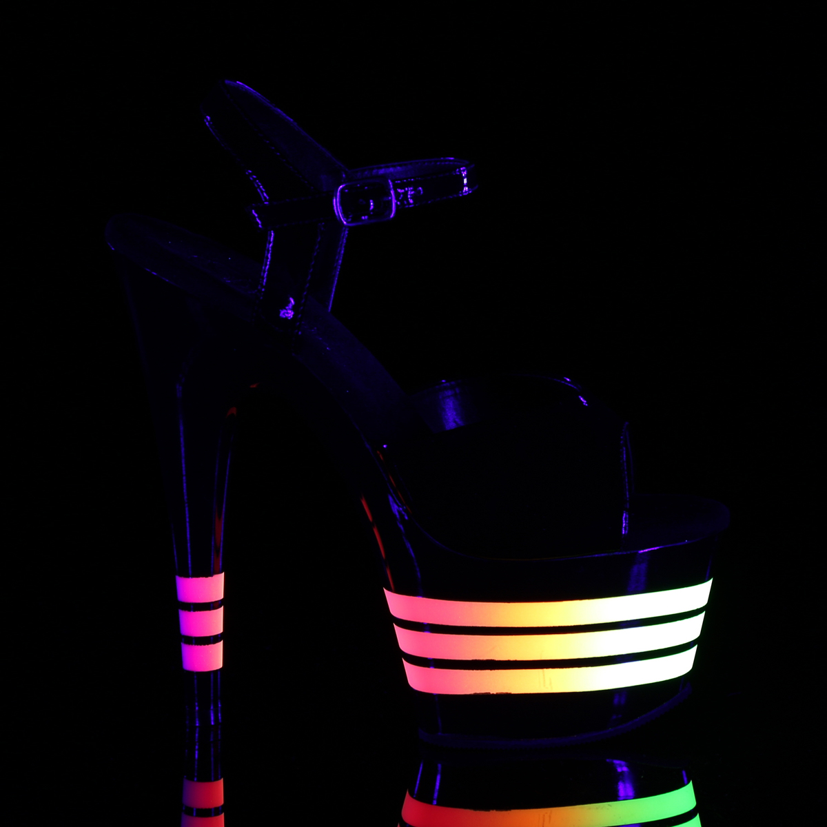 Pleaser Adore-709UVLN B/B-UVLN - Shiny Black Uv Reactive High-Platform Sandals