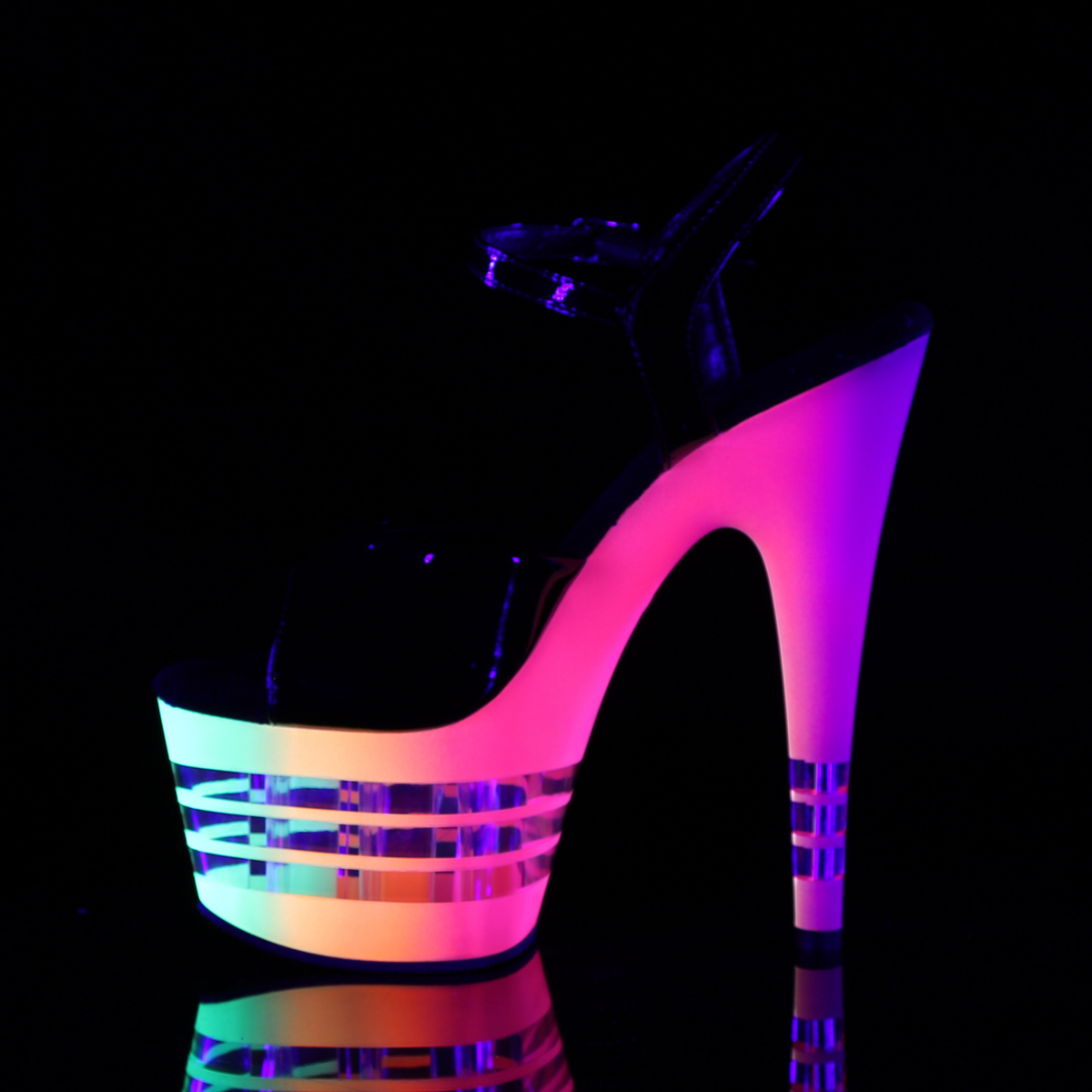 Pleaser Adore-709UVLN B/NMC - Shiny Black Uv Reactive High-Platform Sandals