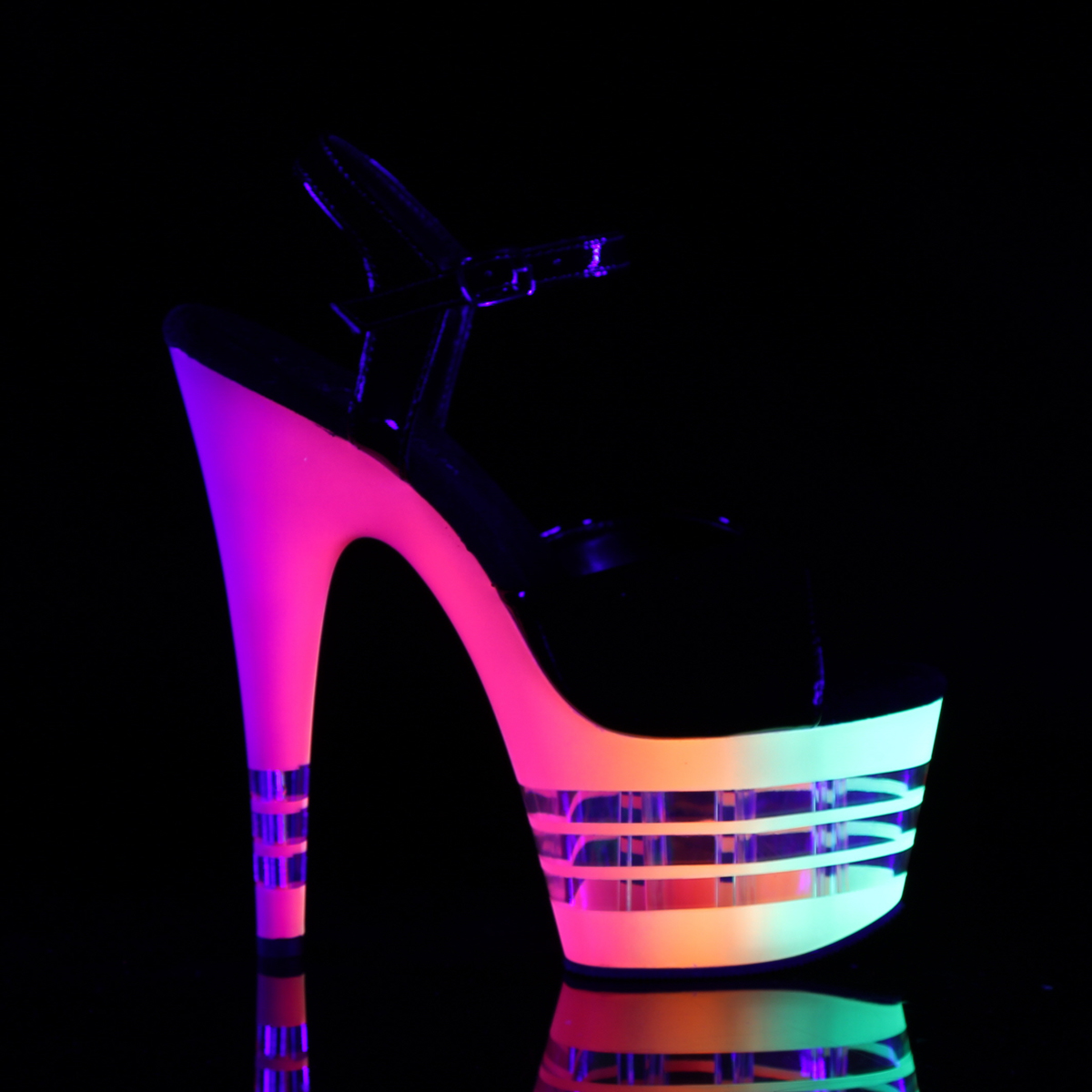 Pleaser Adore-709UVLN B/NMC - Shiny Black Uv Reactive High-Platform Sandals