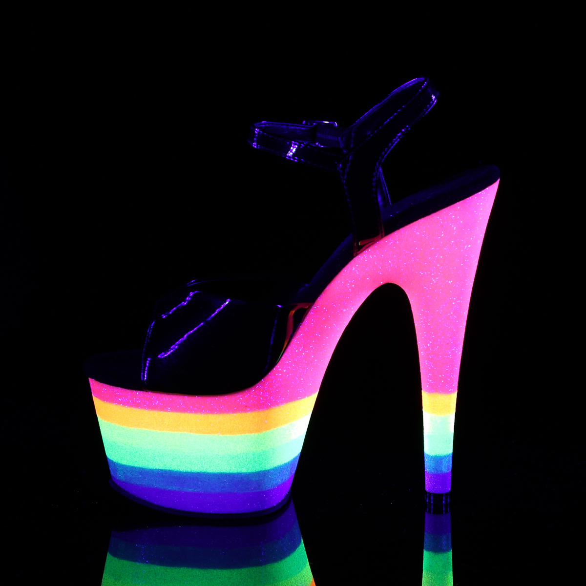 Pleaser Adore-709UVRB B/NRBOWG - Shiny Black Uv Reactive High-Platform Sandals