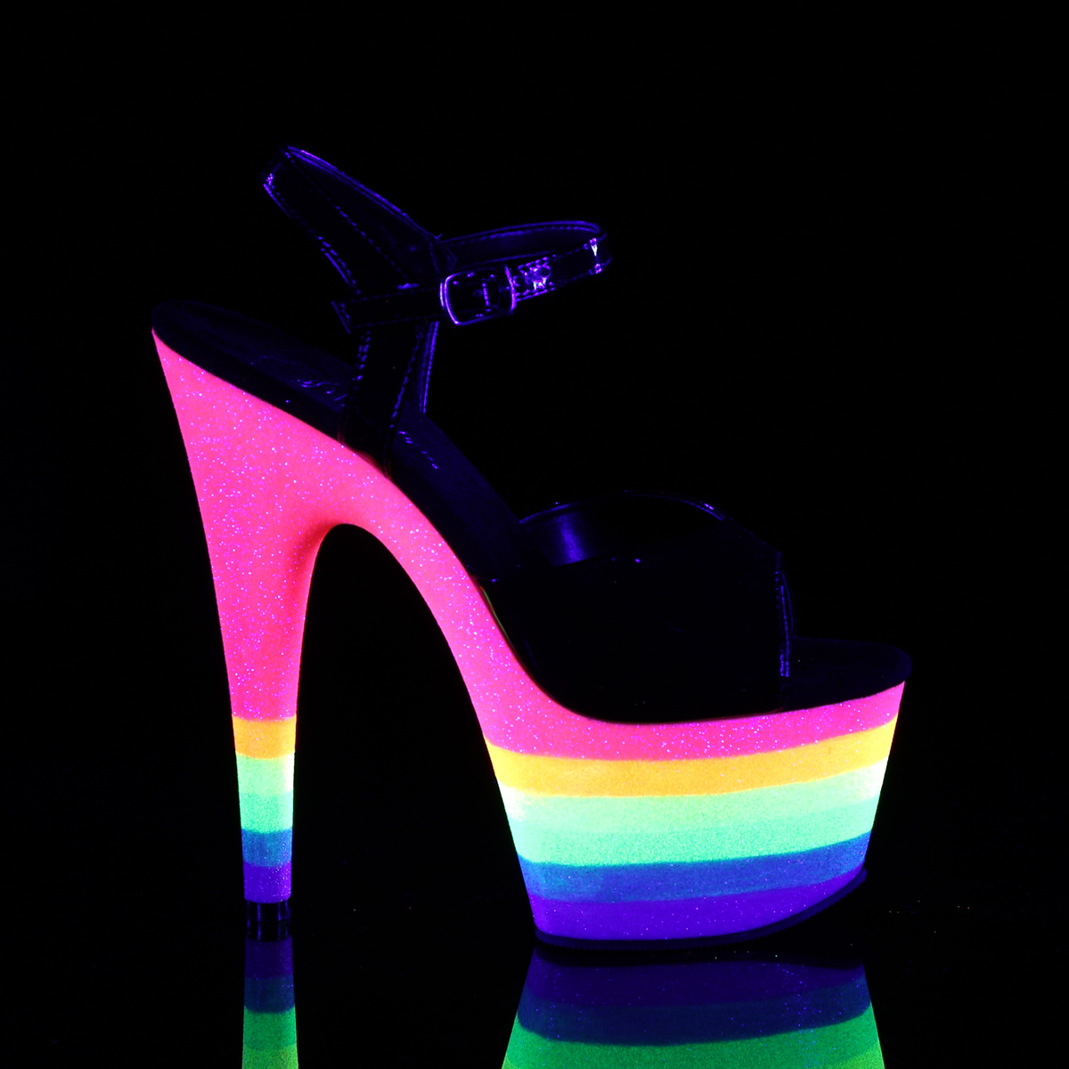 Pleaser Adore-709UVRB B/NRBOWG - Shiny Black Uv Reactive High-Platform Sandals