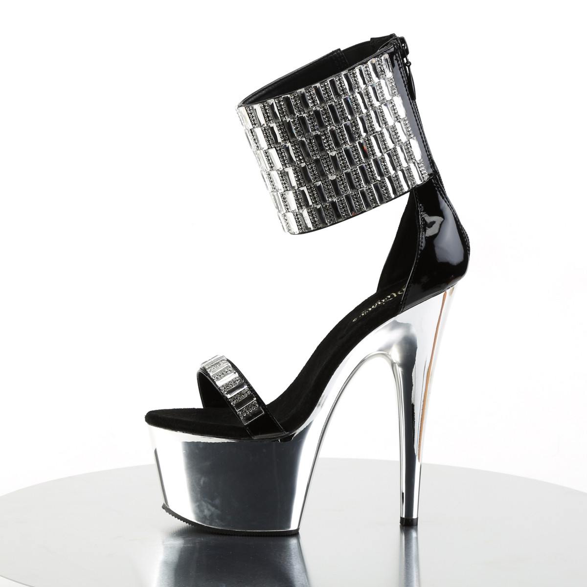 Pleaser Adore-789RS B/SCH - Shiny Black High-Platform Ankle Strap Heels