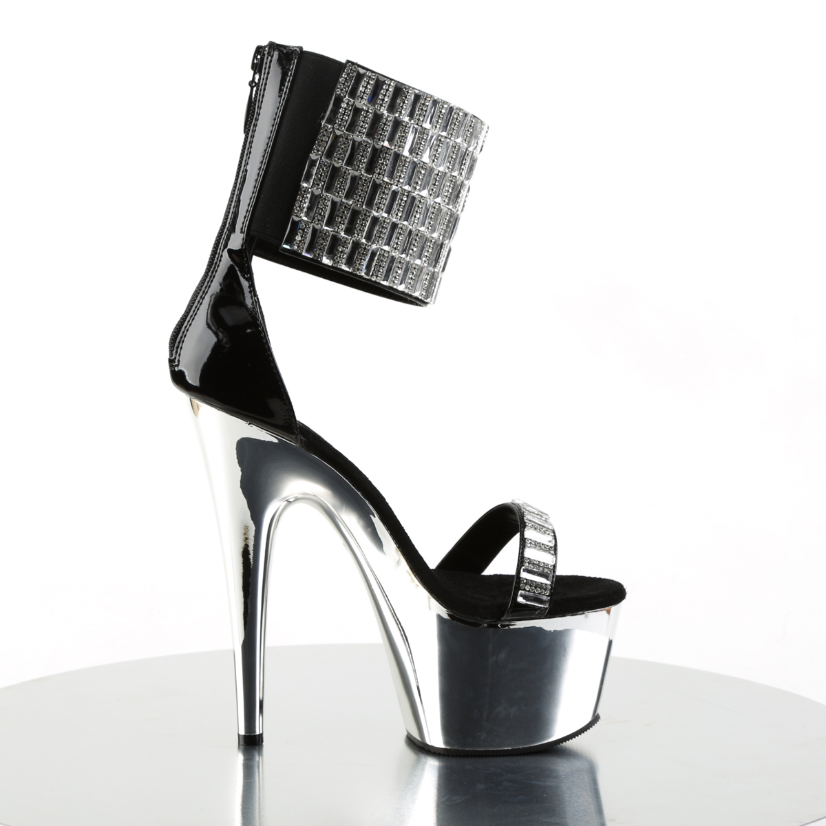 Pleaser Adore-789RS B/SCH - Shiny Black High-Platform Ankle Strap Heels
