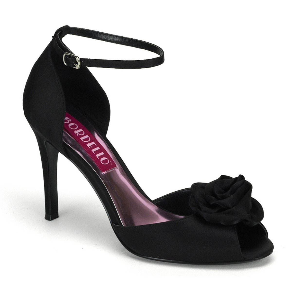 Bordello Rosa-02 B/SAT - Black Single Sole Pumps With Straps