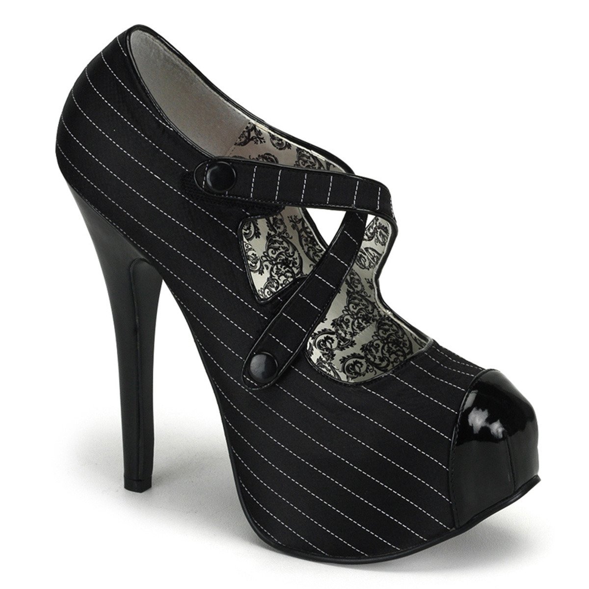 Bordello Teeze-23 B/SAT - Black Platform High-Heel Pumps With Straps