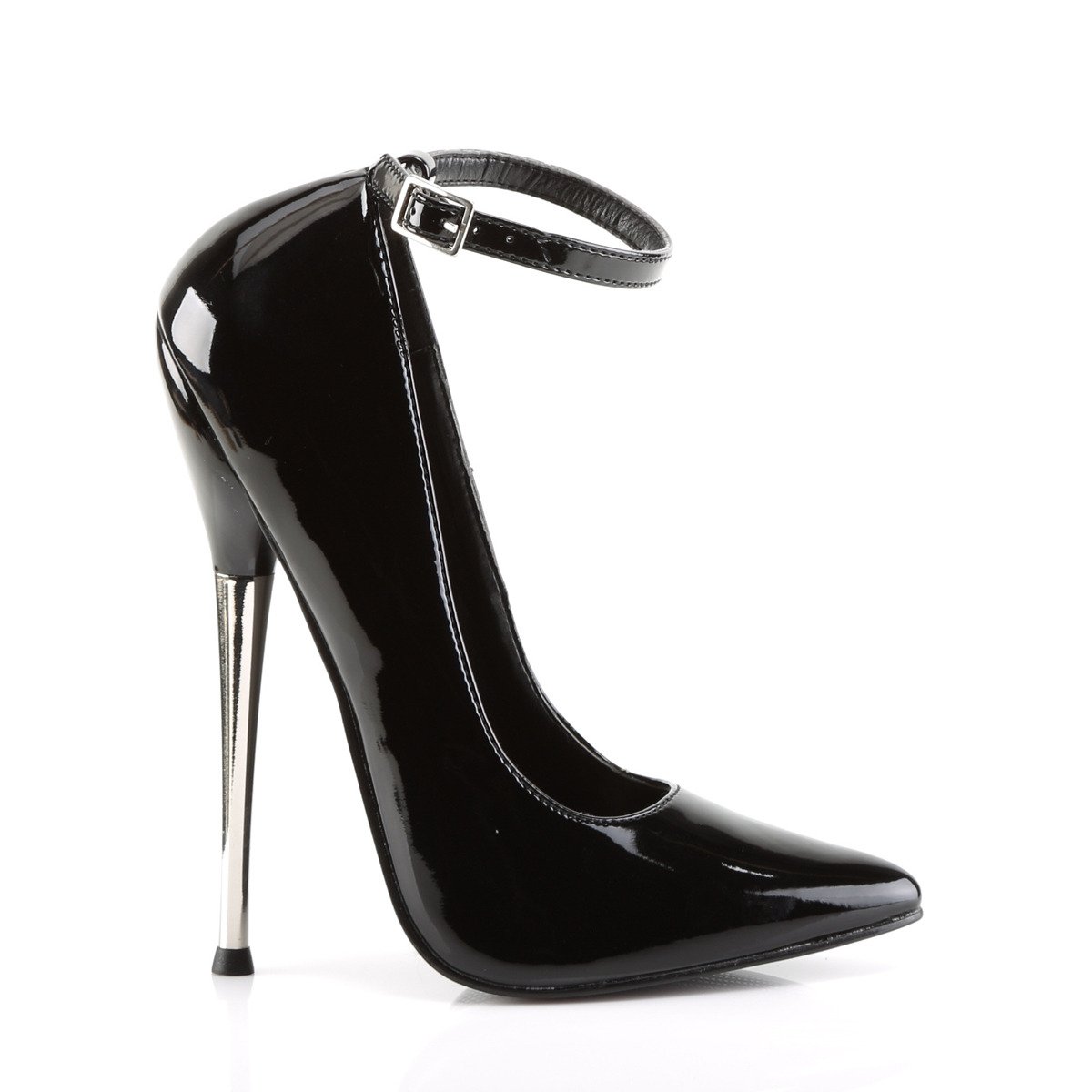 Devious Dagger-12 B - Shiny Black High-Heel Single Sole Pumps With Straps
