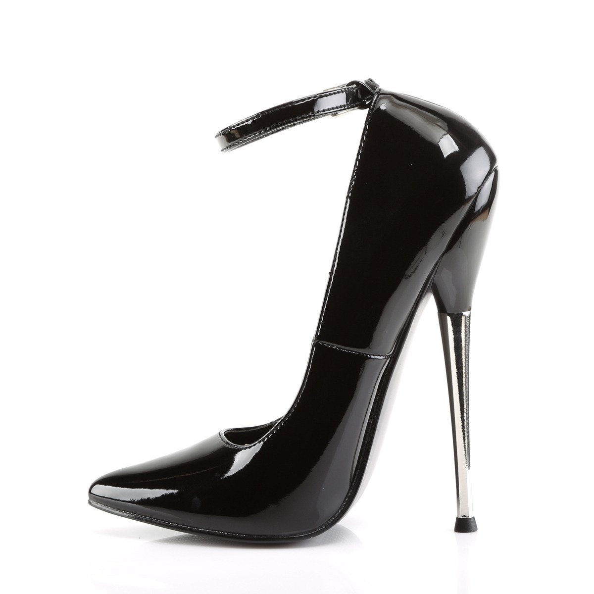 Devious Dagger-12 B - Shiny Black High-Heel Single Sole Pumps With Straps