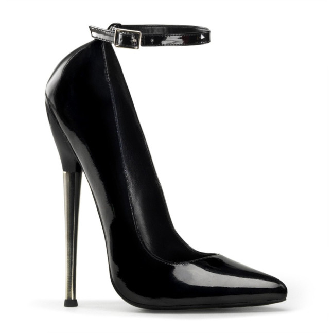 Devious Dagger-12 B - Shiny Black High-Heel Single Sole Pumps With Straps