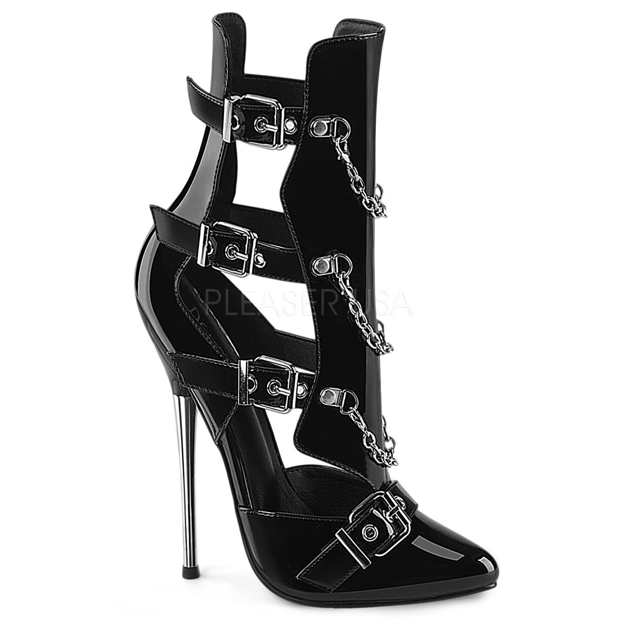 Devious Dagger-15 B - Shiny Black High-Heel Single Sole Strap Heels