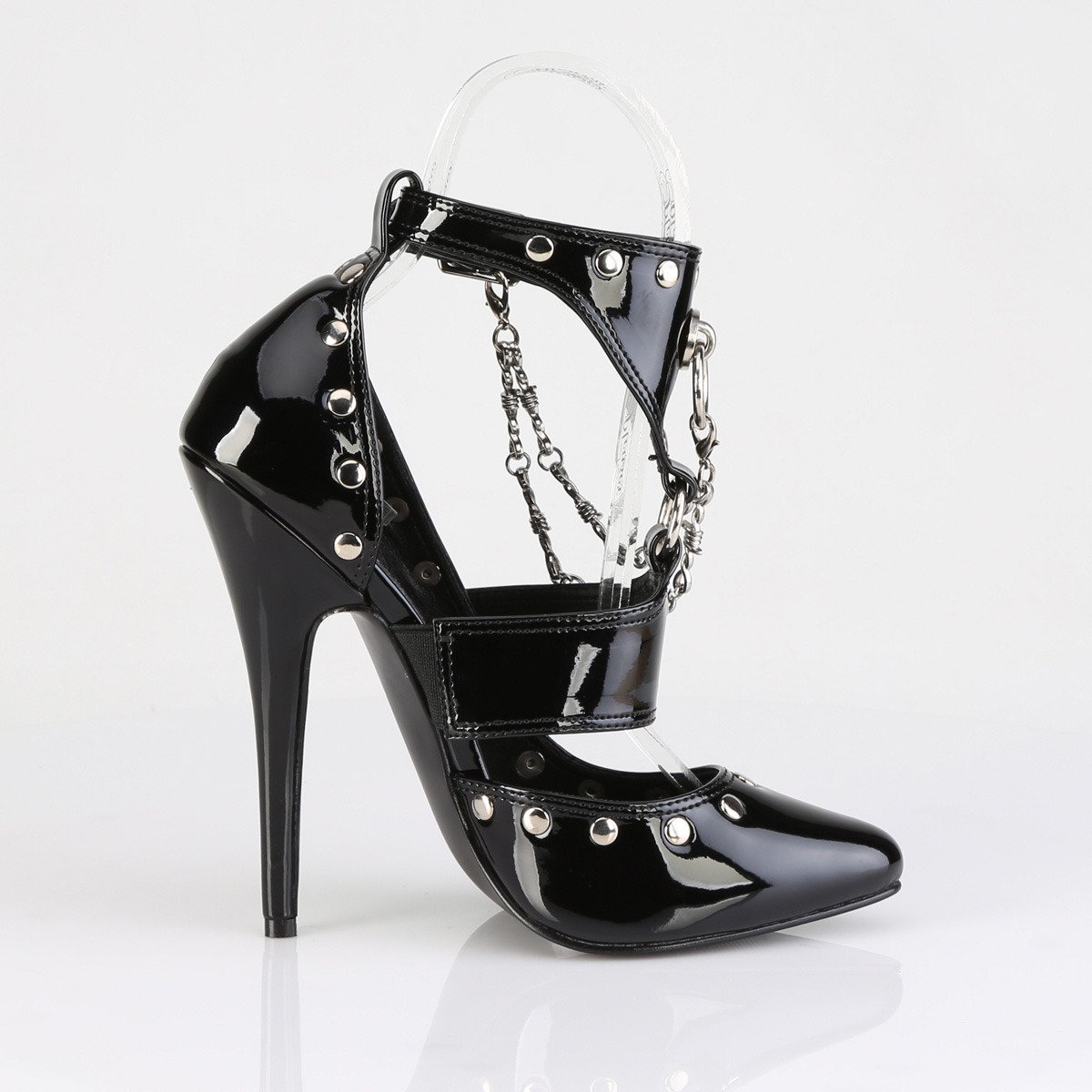 Devious Domina-118 B - Shiny Black High-Heel Single Sole Pumps With Straps