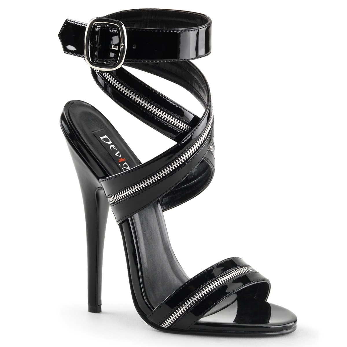Devious Domina-119 B - Shiny Black High-Heel Single Sole Ankle Strap Heels