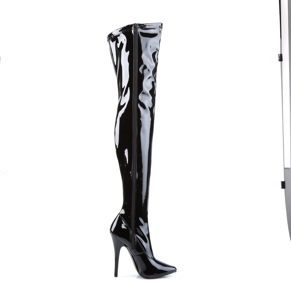 Devious Domina-3000 B - Shiny Black High-Heel Single Sole Thigh High Boots