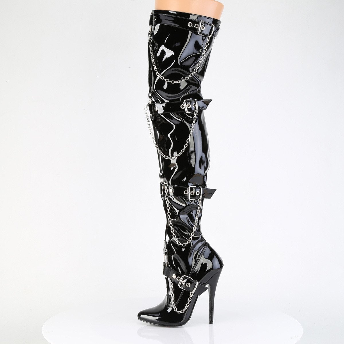 Devious Domina-3027 B - Shiny Black High-Heel Single Sole Thigh High Boots