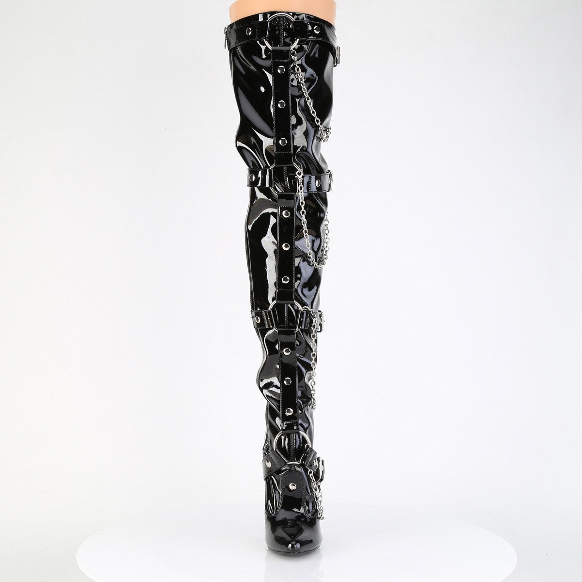 Devious Domina-3027 B - Shiny Black High-Heel Single Sole Thigh High Boots
