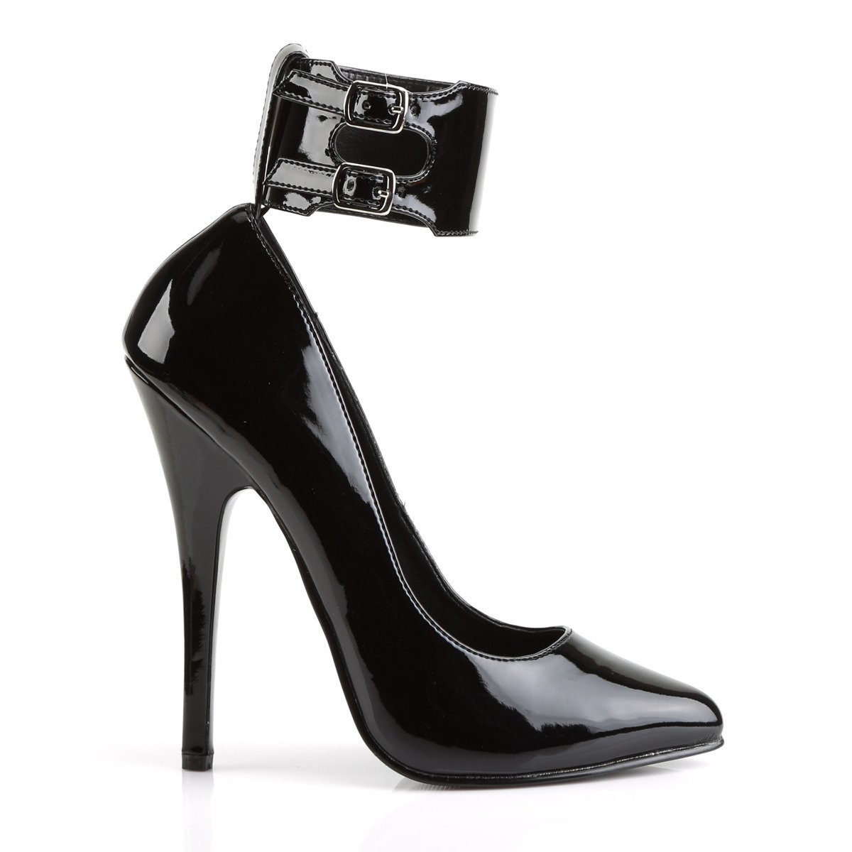 Devious Domina-434 B - Shiny Black High-Heel Single Sole Pumps With Straps