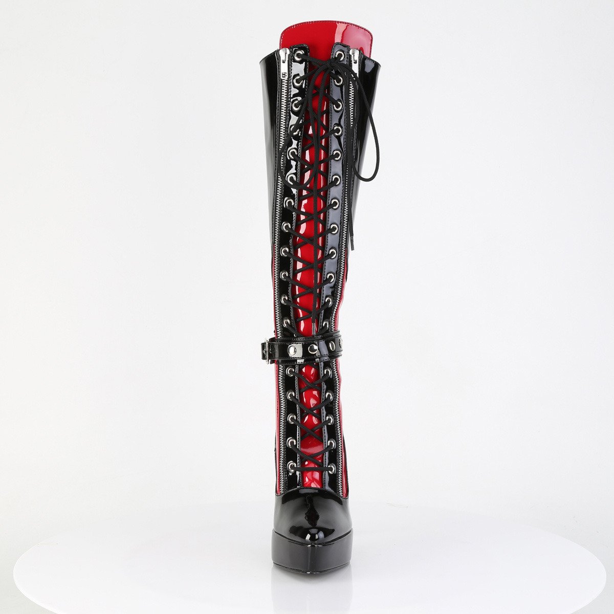 Devious Indulge-2028 B-R - Shiny Black Platform High-Heel Knee High Boots