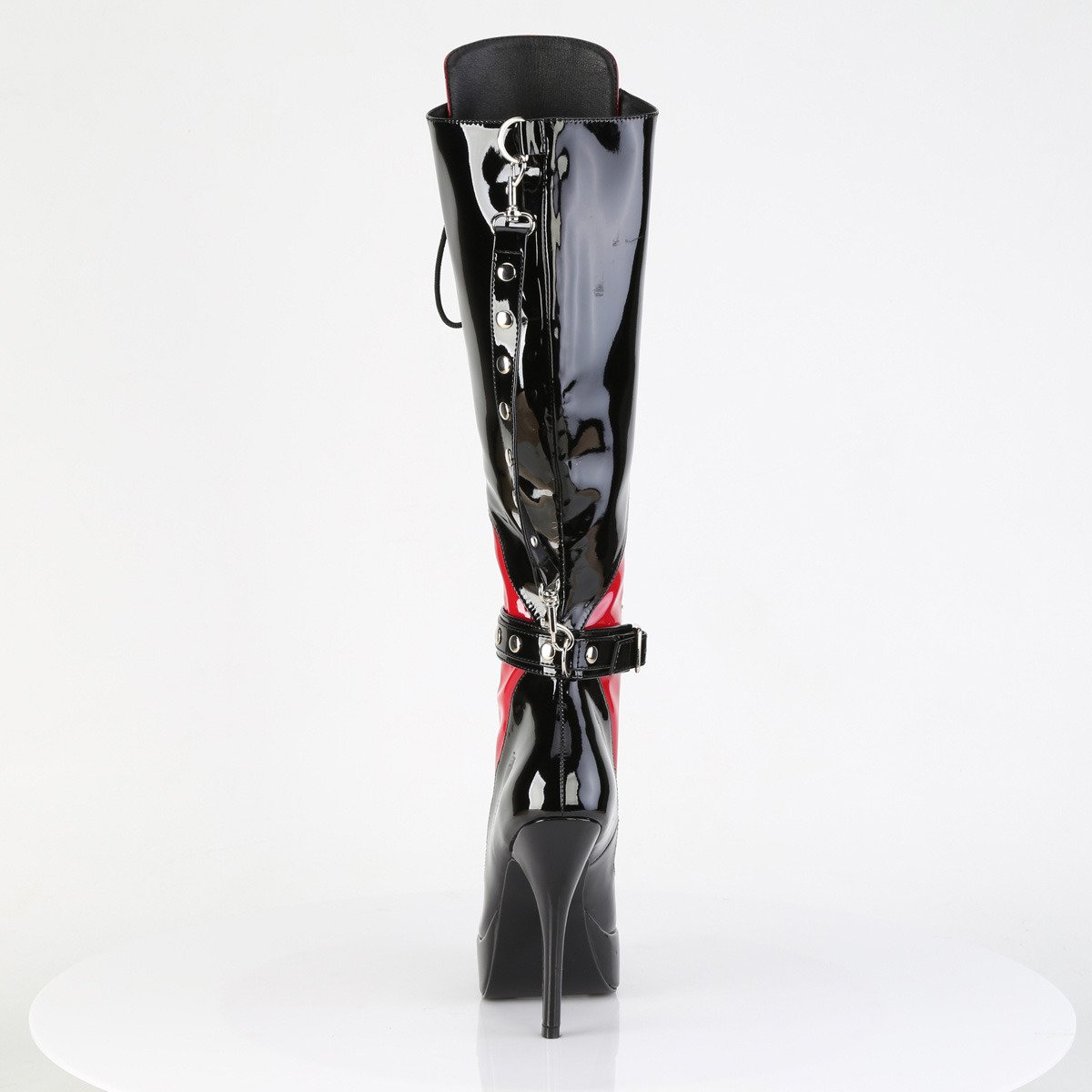 Devious Indulge-2028 B-R - Shiny Black Platform High-Heel Knee High Boots