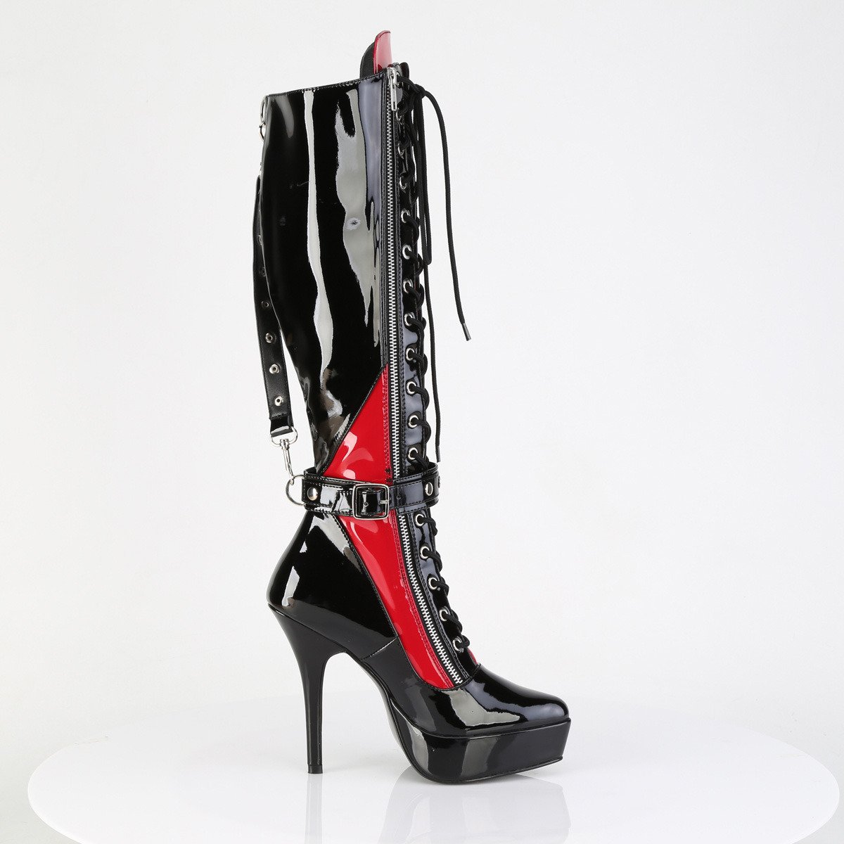 Devious Indulge-2028 B-R - Shiny Black Platform High-Heel Knee High Boots