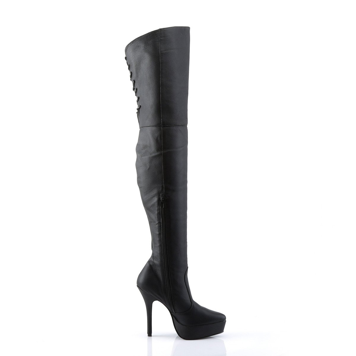 Devious Indulge-3011 B/LE - Black Leather Platform High-Heel Thigh High Boots