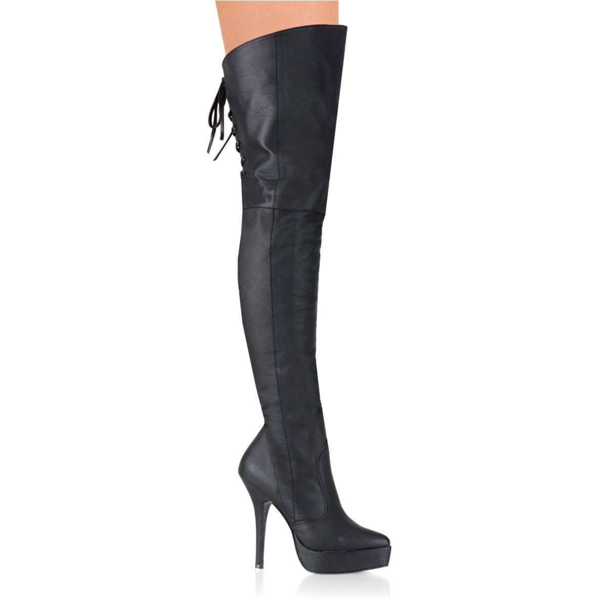 Devious Indulge-3011 B/LE - Black Leather Platform High-Heel Thigh High Boots