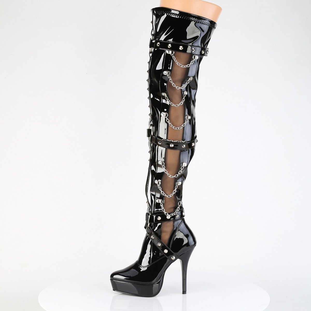 Devious Indulge-3026 B - Shiny Black Platform High-Heel Thigh High Boots