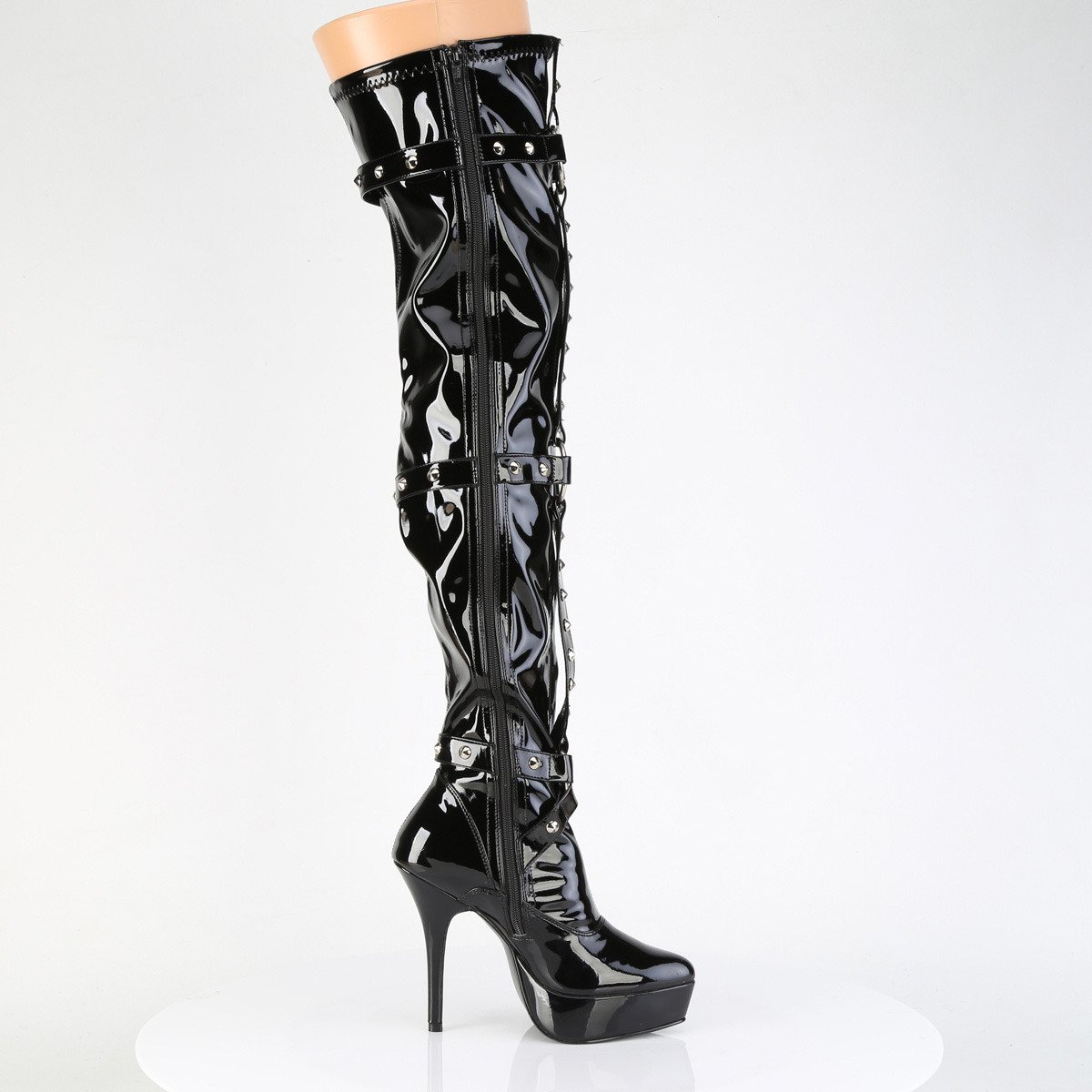 Devious Indulge-3026 B - Shiny Black Platform High-Heel Thigh High Boots