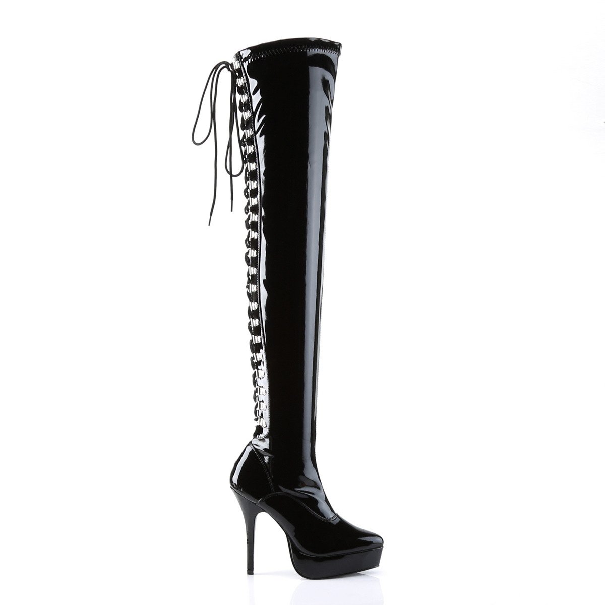 Devious Indulge-3063 B - Shiny Black Platform High-Heel Thigh High Boots