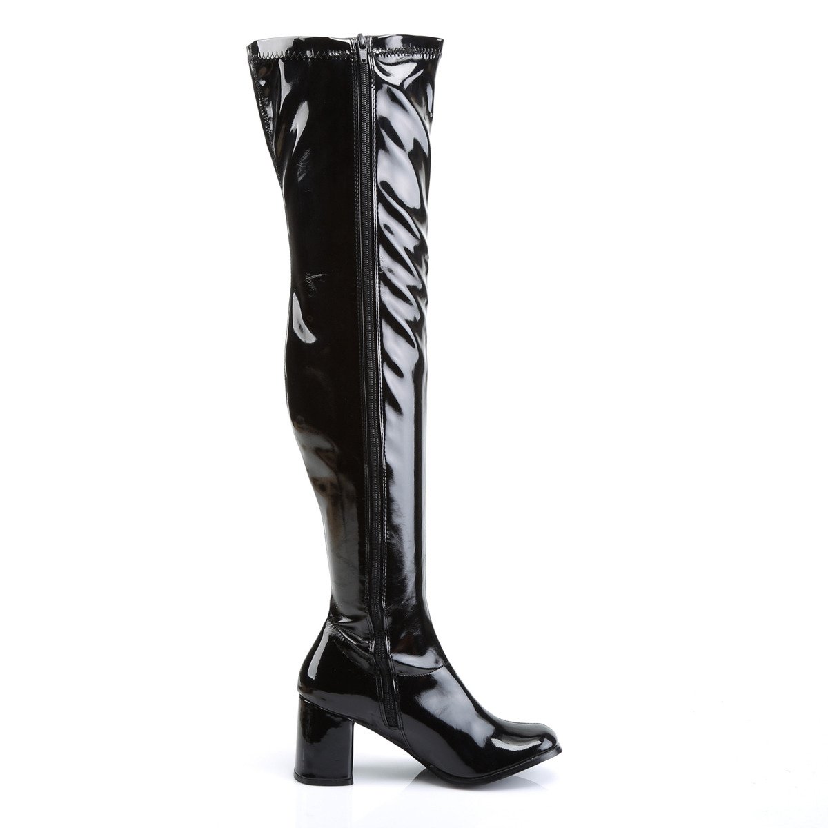 Funtasma Gogo-3000 B - Shiny Black Chunky-Heel Single Sole Thigh High Boots