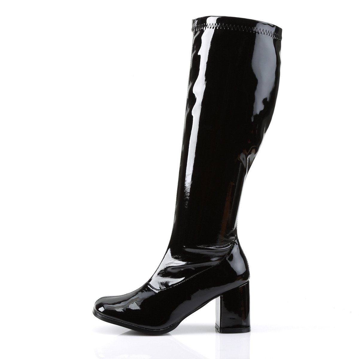 Funtasma Gogo-300WC B - Shiny Black Chunky-Heel Knee High Single Sole Boots With Widened Calf