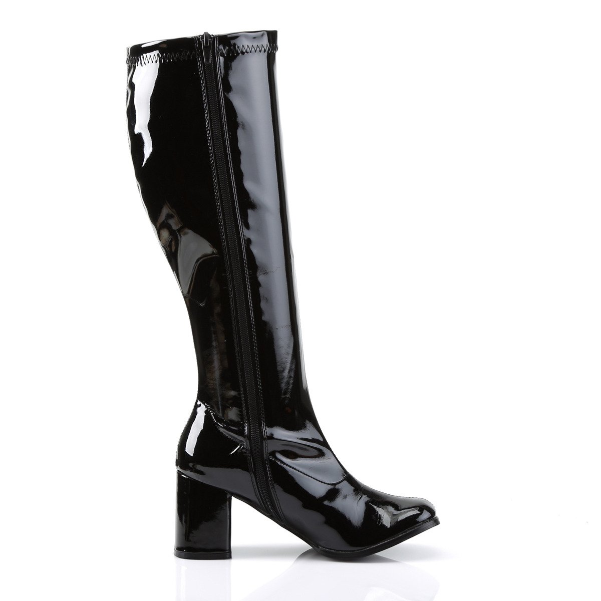 Funtasma Gogo-300WC B - Shiny Black Chunky-Heel Knee High Single Sole Boots With Widened Calf