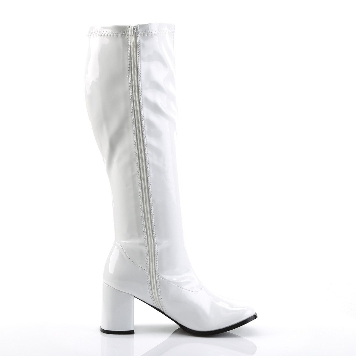Funtasma Gogo-300WC W - Shiny White Chunky-Heel Knee High Single Sole Boots With Widened Calf
