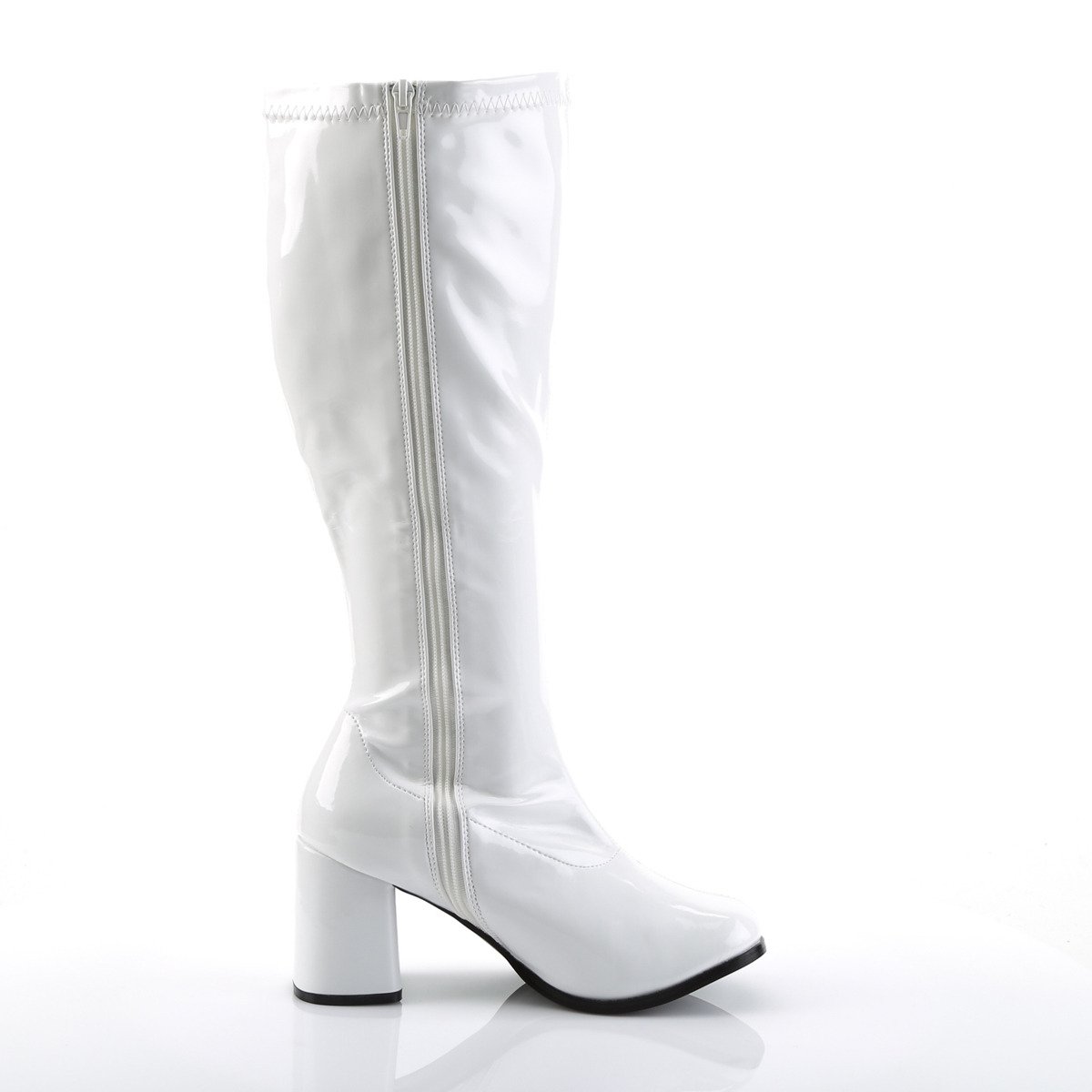 Funtasma Gogo-300X W - Shiny White Chunky-Heel Knee High Single Sole Boots For Wider Foot