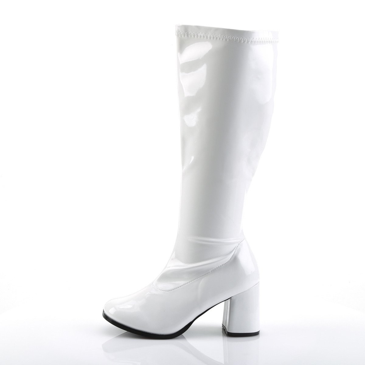 Funtasma Gogo-300X W - Shiny White Chunky-Heel Knee High Single Sole Boots For Wider Foot