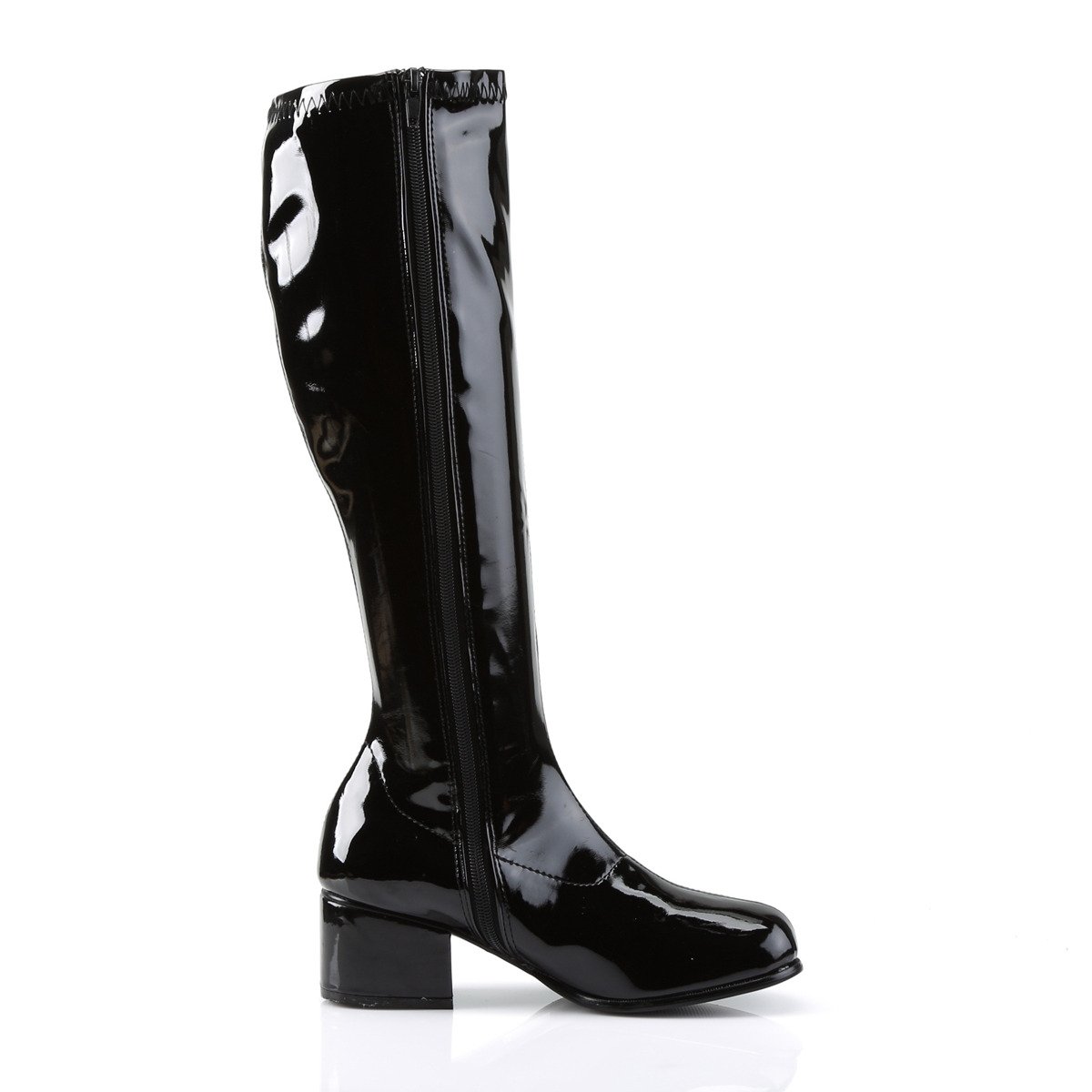 Funtasma Retro-300 B - Shiny Black Chunky-Heel Knee High Single Sole Boots
