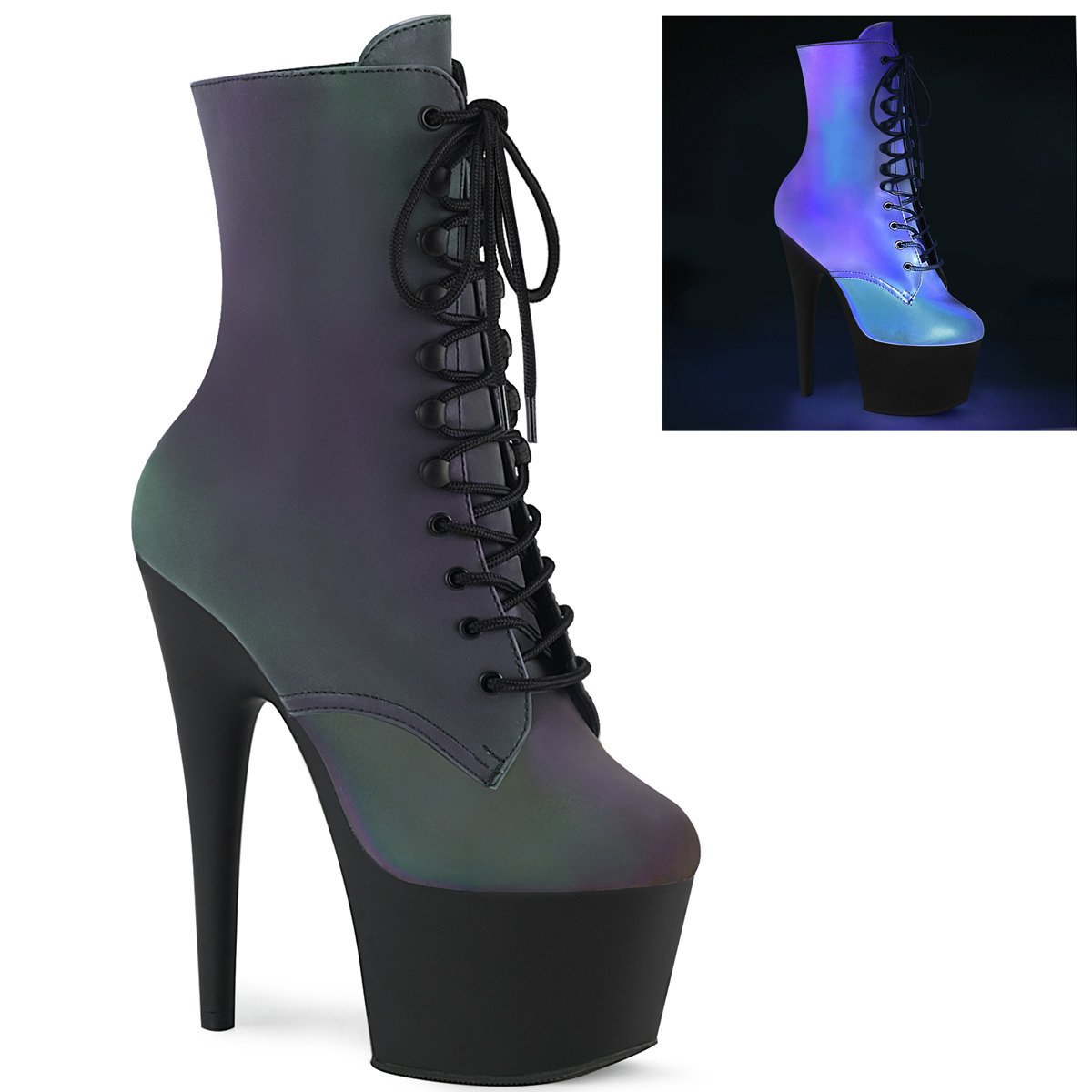 Pleaser Adore-1020REFL GRNMC/B - Green High-Platform Ankle Boots