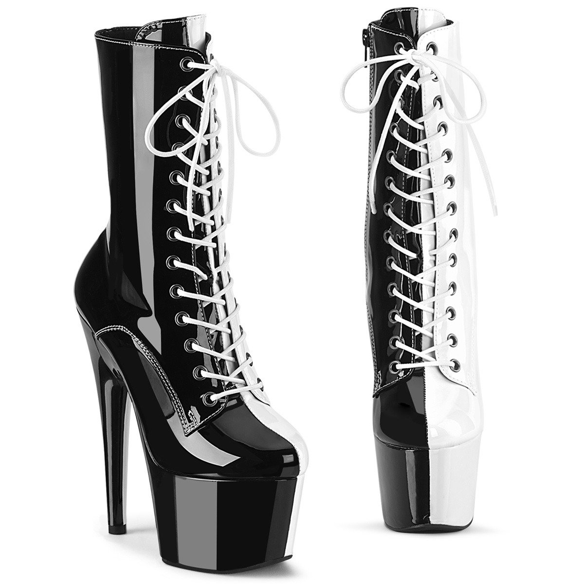 Pleaser Adore-1040TT B-W/M - Shiny Black High-Platform Ankle Boots