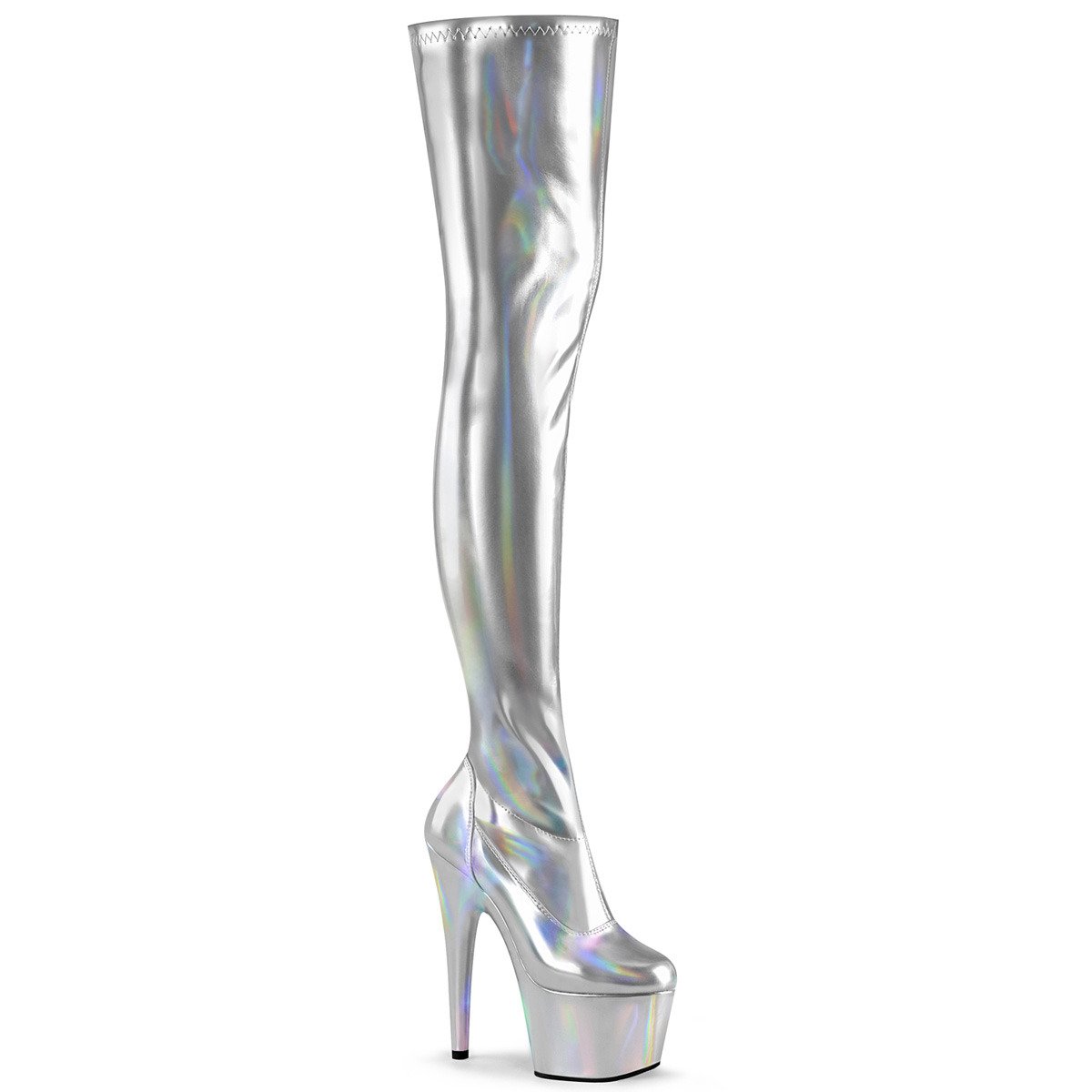 Pleaser Adore-3000HWR SHG/M - Shiny Silver High-Platform Thigh High Boots