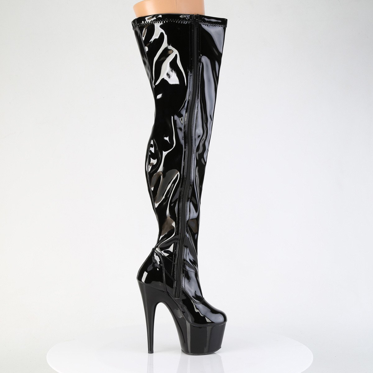 Pleaser Adore-3000WCF B/M - Shiny Black High-Platform Thigh High Boots With Widened Calf