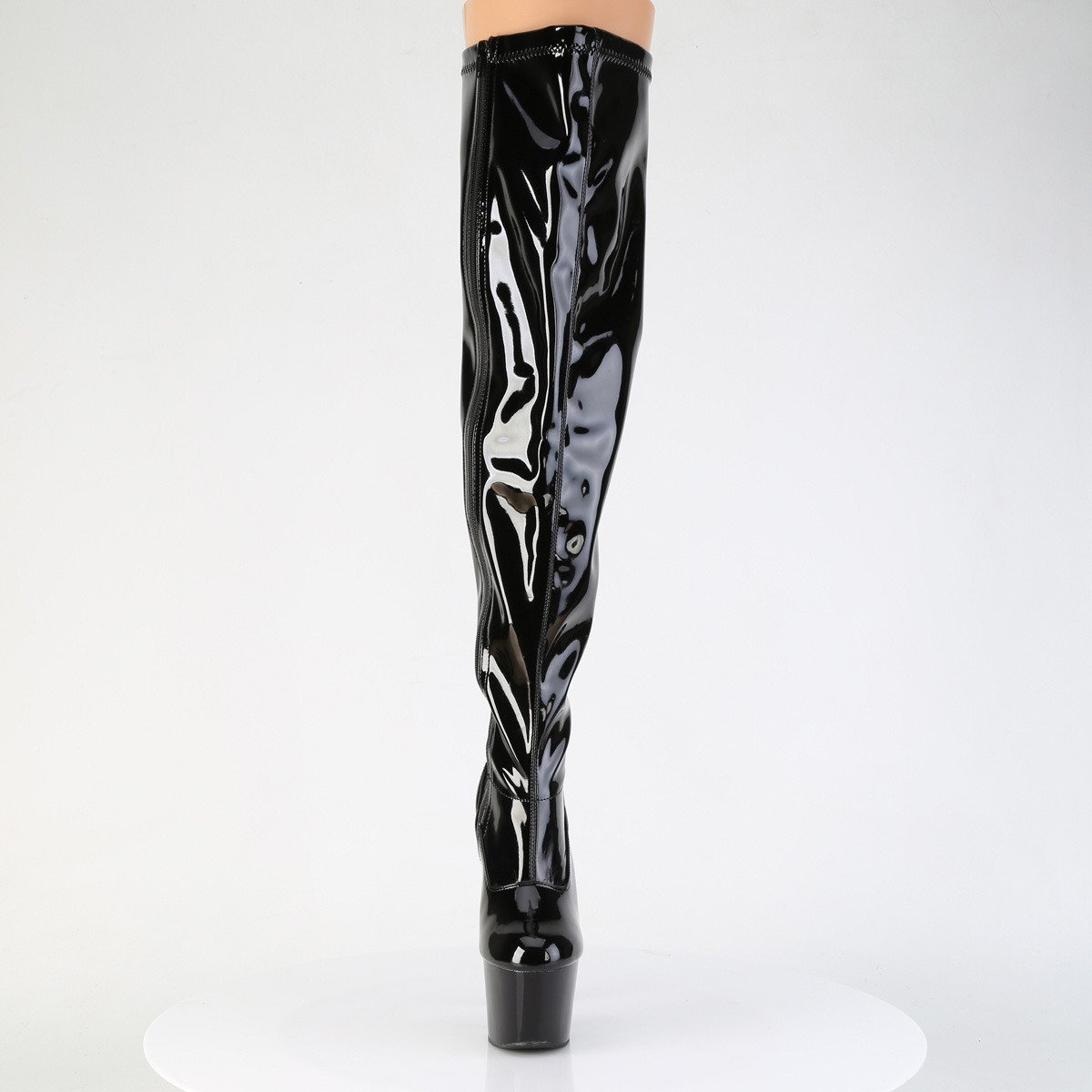 Pleaser Adore-3000WCF B/M - Shiny Black High-Platform Thigh High Boots With Widened Calf