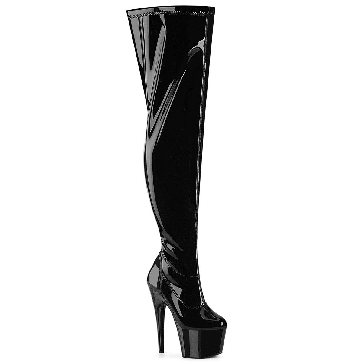 Pleaser Adore-3000WCF B/M - Shiny Black High-Platform Thigh High Boots With Widened Calf