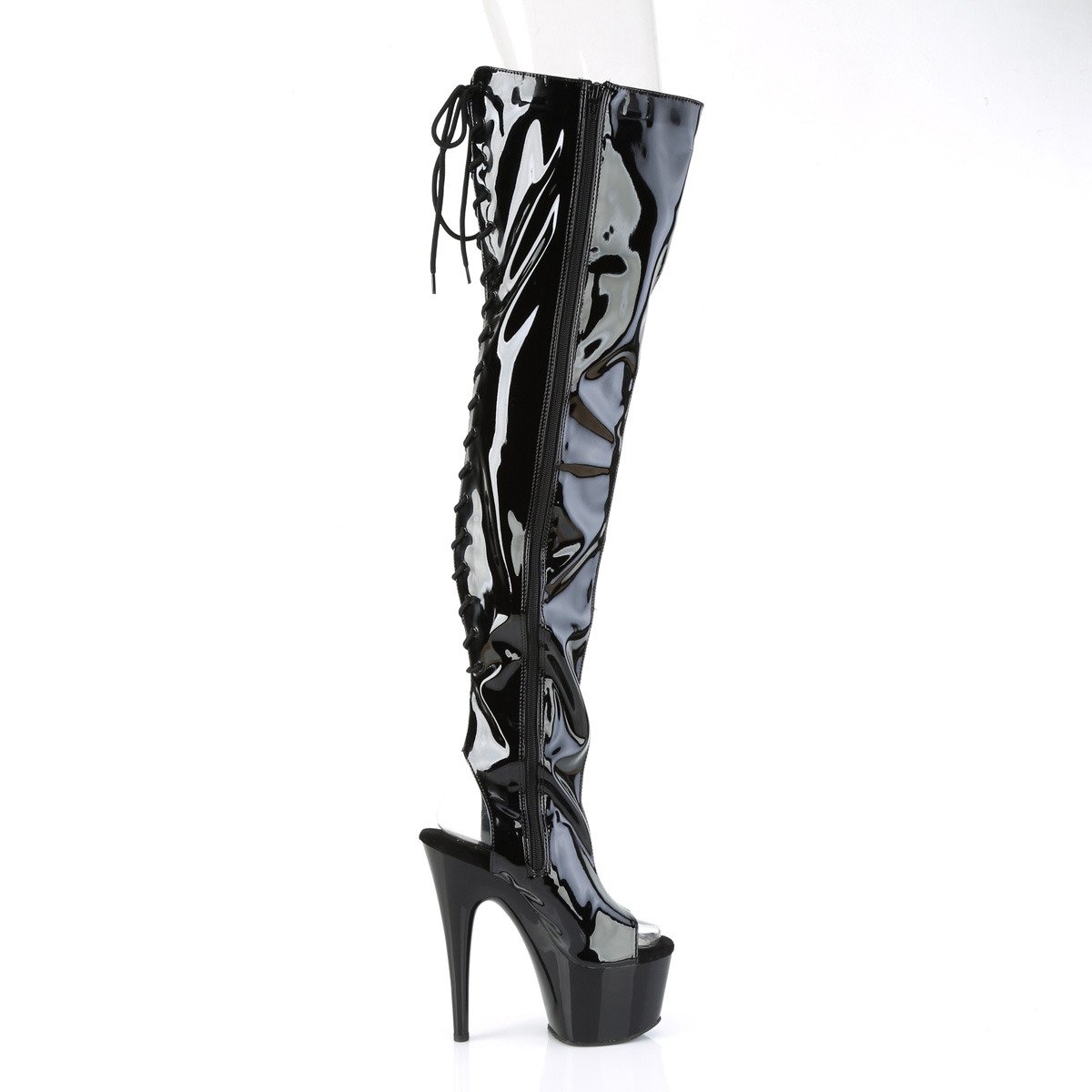 Pleaser Adore-3017 B/M - Shiny Black High-Platform Peep Toe Boots