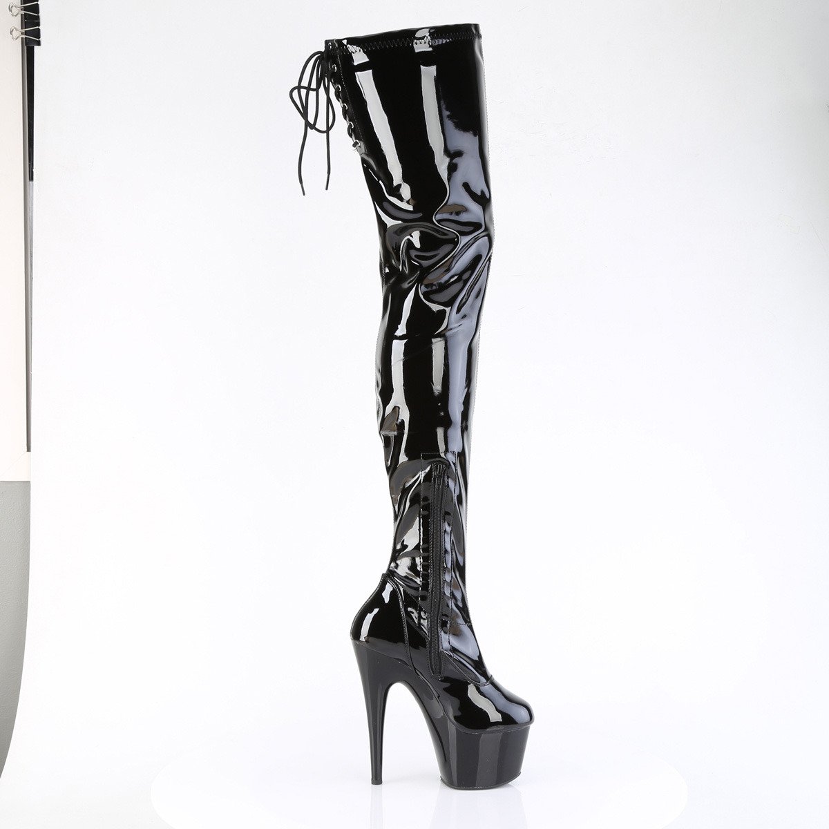 Pleaser Adore-4000SLT B/M - Shiny Black High-Platform Thigh High Boots