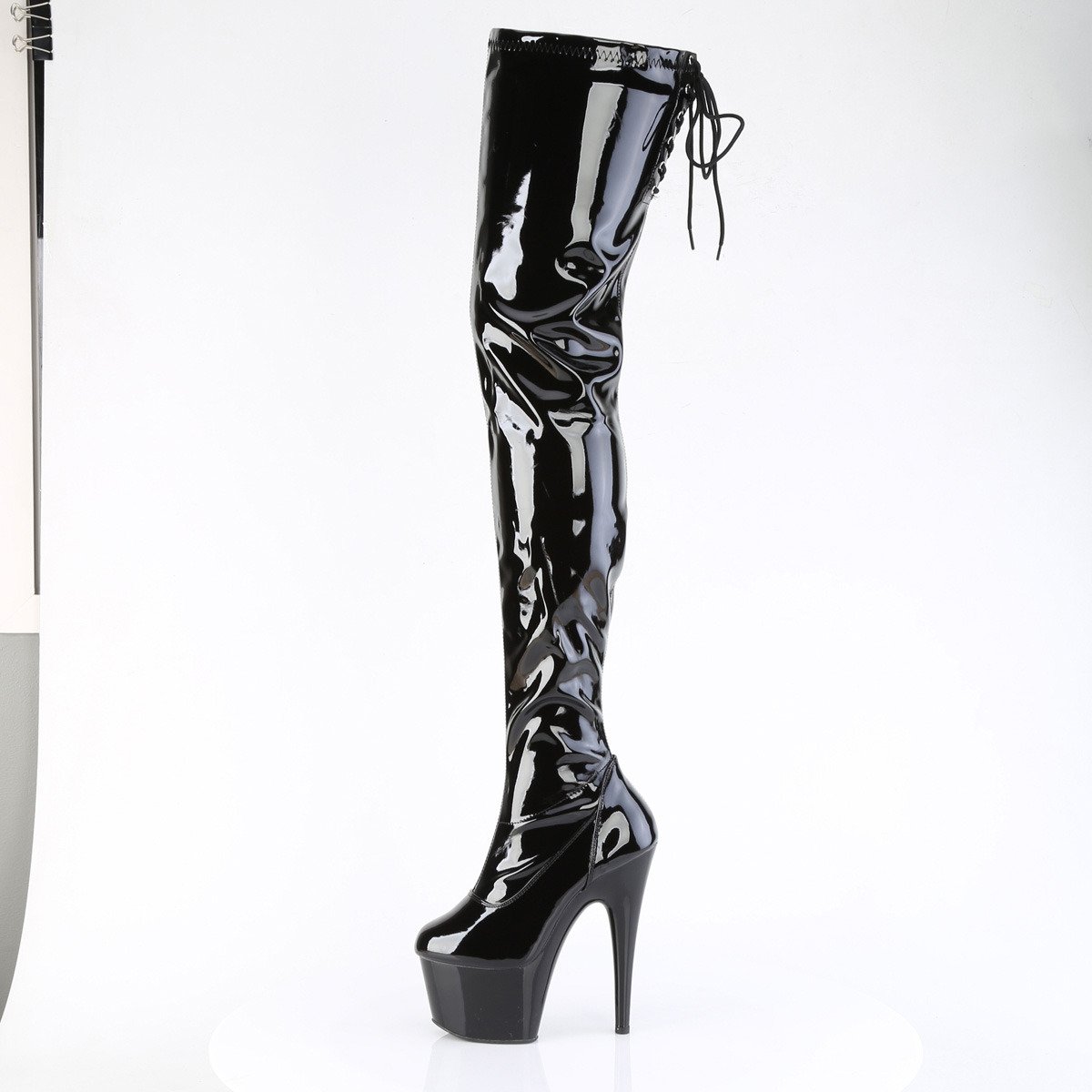 Pleaser Adore-4000SLT B/M - Shiny Black High-Platform Thigh High Boots