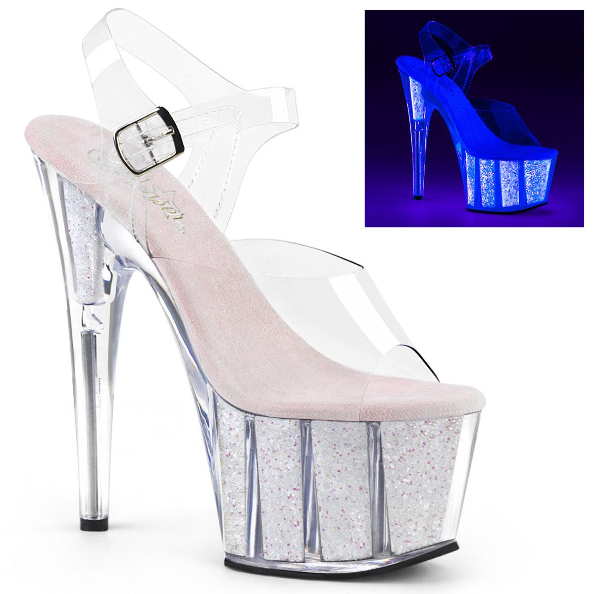Pleaser Adore-708UVG C/NOPG - Clear Uv Reactive High-Platform Sandals