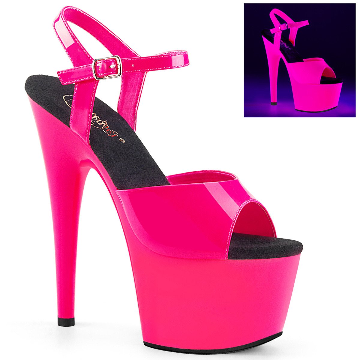 Pleaser Adore-709UV NHP/M - Shiny Pink Uv Reactive High-Platform Sandals