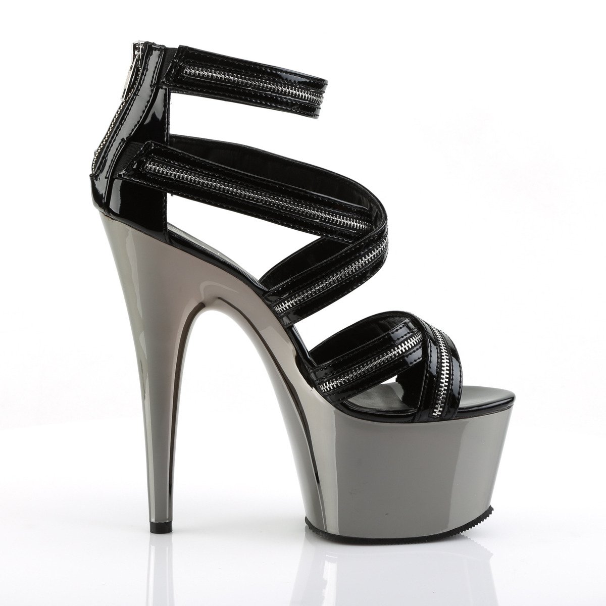 Pleaser Adore-767 B/PWCH - Shiny Black High-Platform Ankle Strap Heels