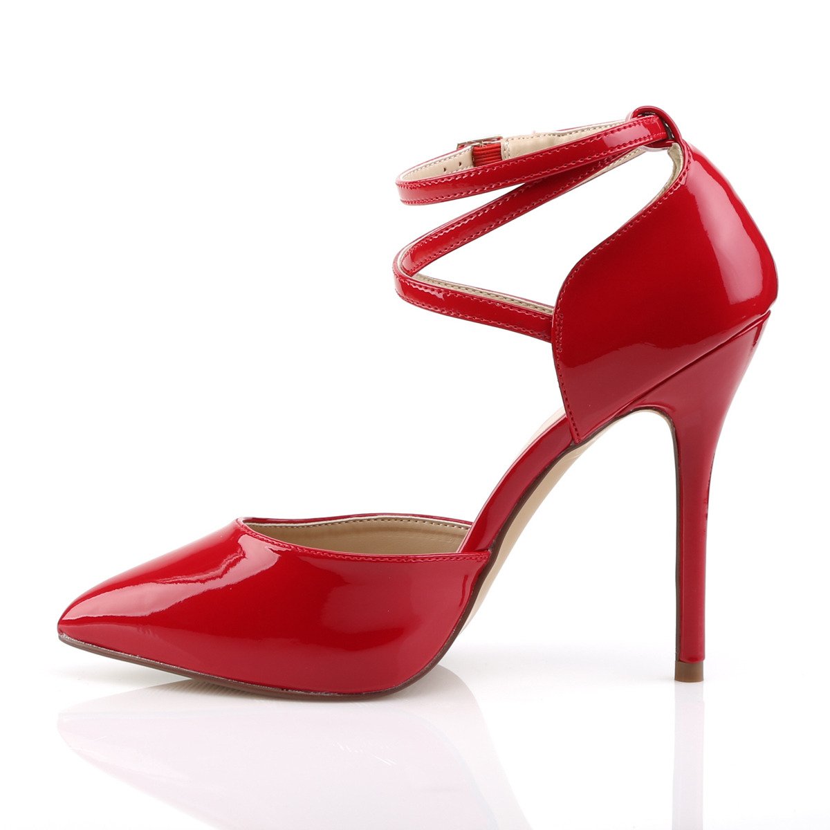 Pleaser Amuse-25 R - Shiny Red High-Heel Single Sole Pumps With Straps
