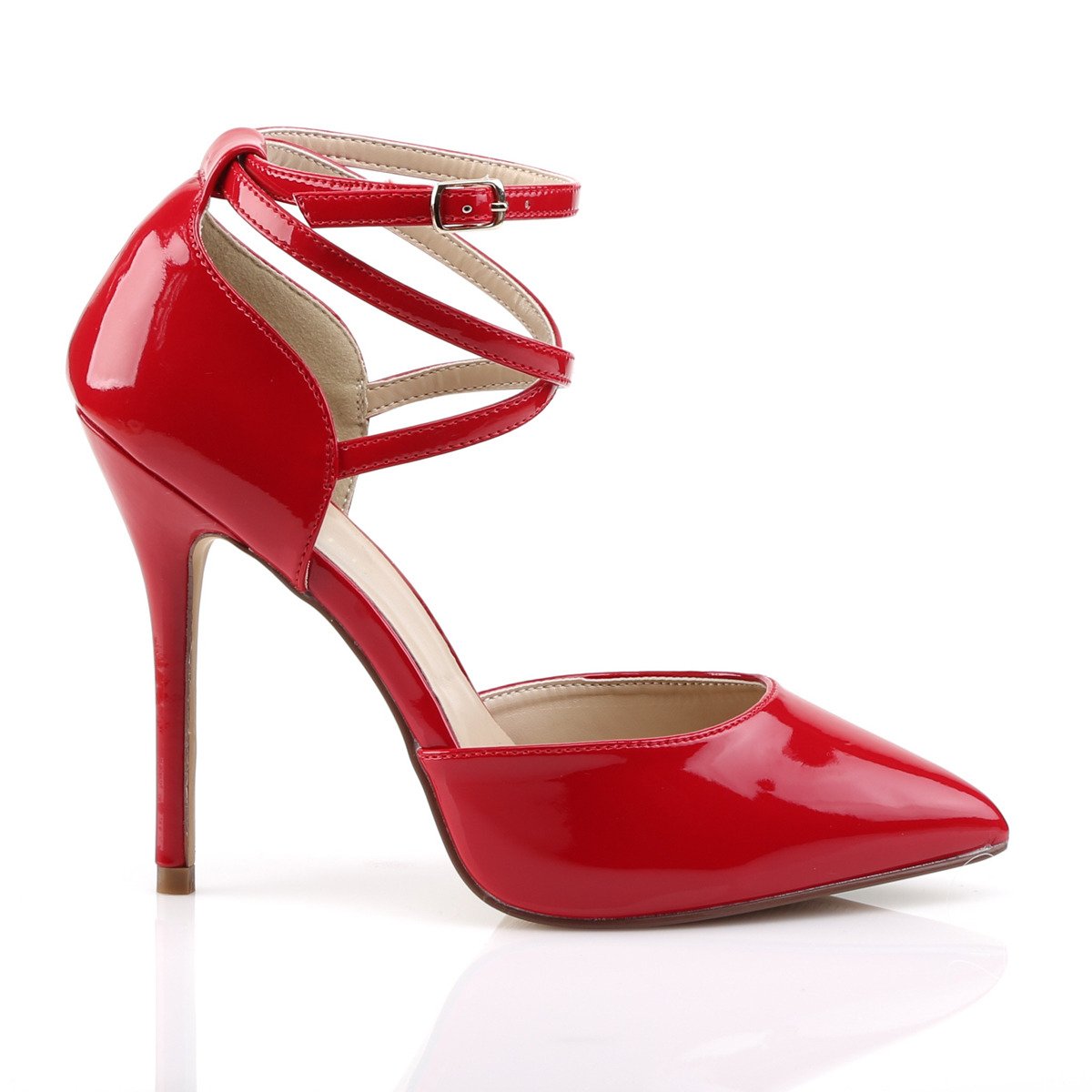 Pleaser Amuse-25 R - Shiny Red High-Heel Single Sole Pumps With Straps