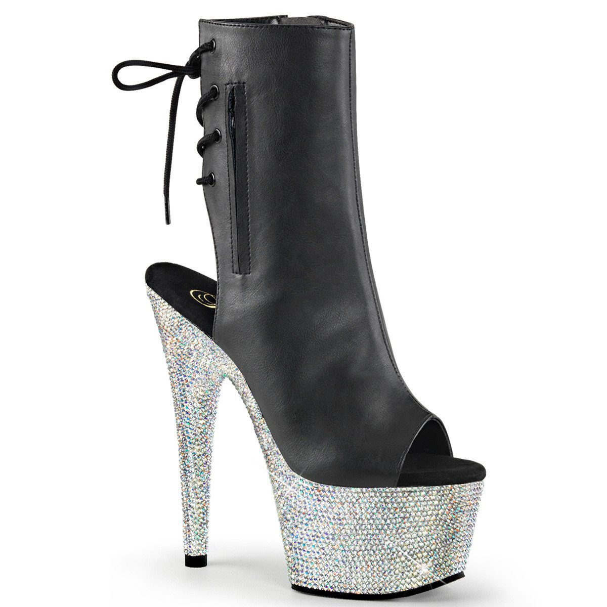 Pleaser Bejeweled-1018DM-7 BPU/SMRS - Black High-Platform Peep Toe Boots